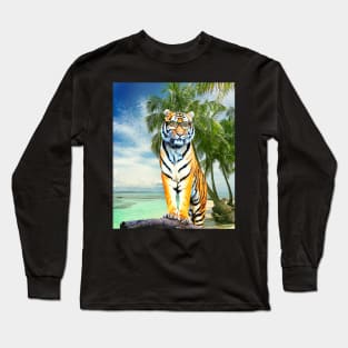 Big Cat Tiger Wearing Sunglasses On Beach Long Sleeve T-Shirt